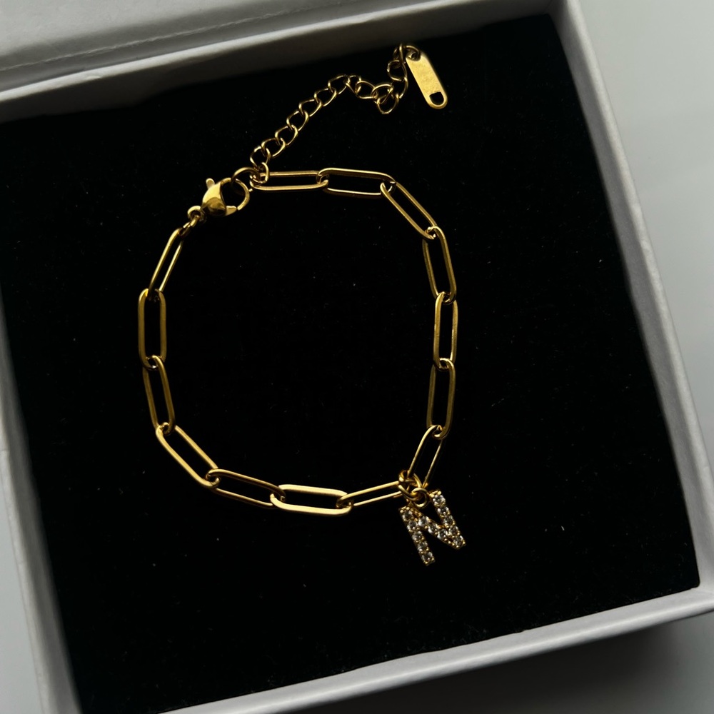 Gold Paper Clip Link Chain Luxury Charm Bracelet Initial Letter Name “N”